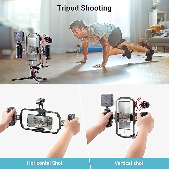US Stock Universal Mobile Phone Handheld Video Rig kit with Two Side Handles and a top Handle for Mobile Filmmaking, vlogging,Features Two Cold Shoe mounts and Multiple 1/4 Threaded Holes