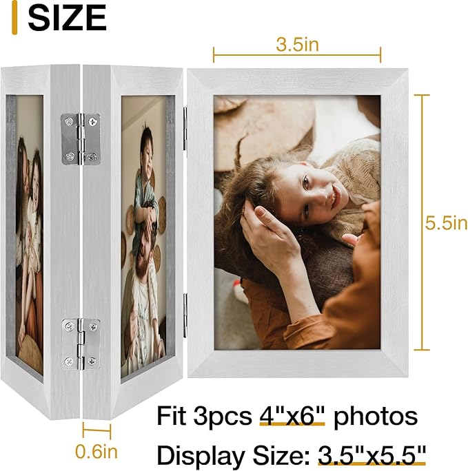 decorUhome Triple 4x6 Picture Frame Vertical, Engineered Wood Trifold Photo Frame with Plexiglass for Tabletop Display, 4x6, Silver