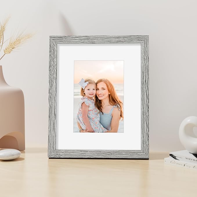 Vittanly 8x10 Picture Frame, Made of Solid Wood and Shatterproof Plexiglass, Display Pictures 5x7 with Mat or 8x10 without Mat, Wooden Photo Frame for Wall Mounting or Tabletop Display, Grey, 1 Pack