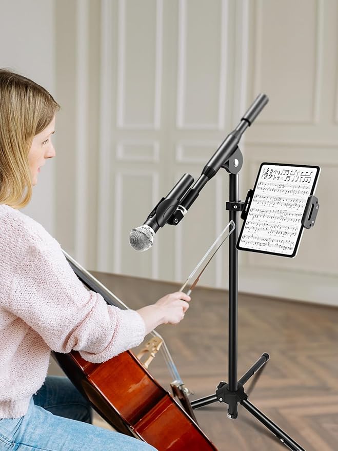 elitehood Aluminum Dual Ball Head Tablet Holder for Mic Stand, Adjustable iPad Mic Stand Holder, Side Mount Microphone Music Stand Phone Holder Mount for iPad, iPhone,4, 7-12.9in Tablets
