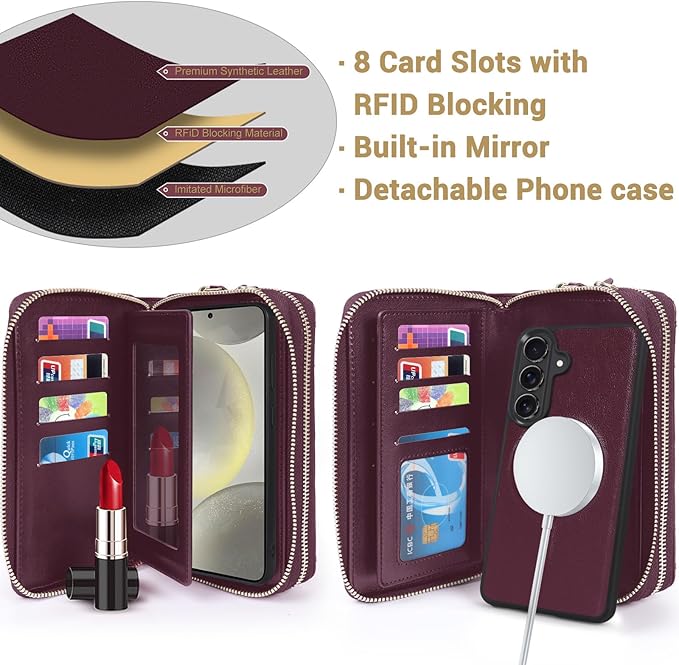 Harryshell Compatible with Samsung Galaxy S26 Case Wallet Multi Zipper Detachable Removable Cover Purse with Card Slots Holder Mirror Crossbody Strap (Compatible with Magsafe-Burgundy)