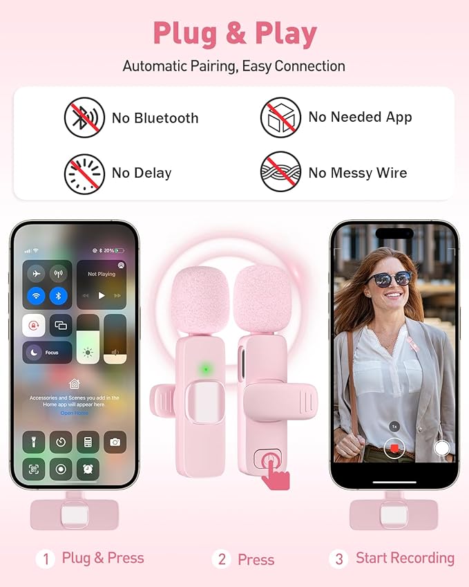 PoP voice USB C Pink Mini Microphone for iPhone 16/15/14/Android, Wireless Lavalier Microphone with Noise Reduction, Lapel Lav Mic for Vlog YouTube TikTok Recording, 12H, 65ft