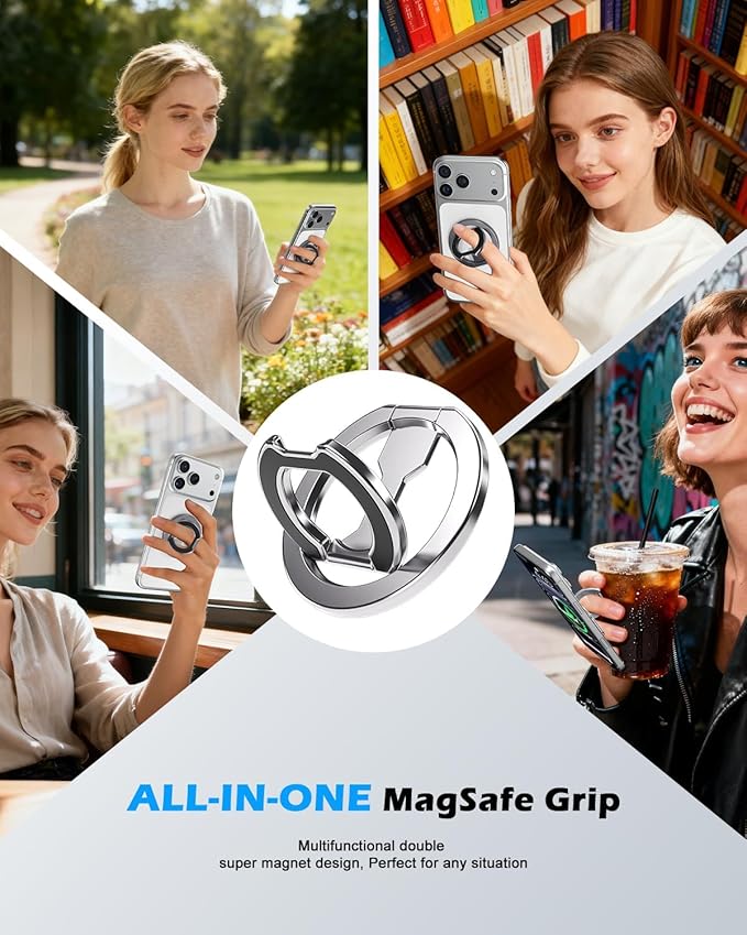 CloudValley for Magsafe Phone Grip Holder - Adjustable Dual-Sided Magnetic Finger Ring Stand 4-in-1, Compatible with iPhone 17/16-12 & MagSafe Car Mounts