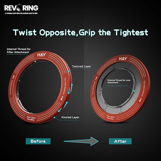 H&Y RevoRing Adjustable Step Up Ring 67-82mm to 82mm, Variable Lens Filter Adapter Ring, Universal Stepping System fits 67 72 77 82mm, Red