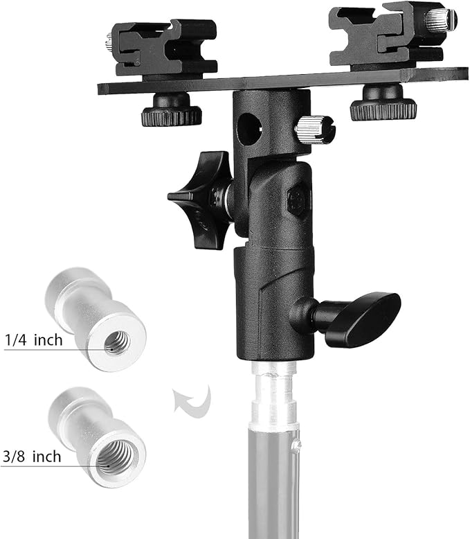 ChromLives Dual Flash Bracket Hot Shoe Speedlight Stand Umbrella Holder Light Stand Bracket Mount 1/4'' to 3/8'' Compatible with Studio Video DSLR Camera Canon Nikon Yongnuo