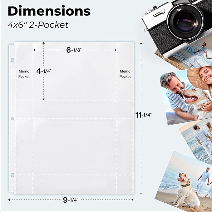 Dunwell 4x6 Photo Sleeves for 3-Ring Binder, (Horizontal, 25 Pack) for 100 Pictures, Each Sheet Holds Four 4 x 6 Pictures or Postcards, Acid-Free Poly Photo Album Refill Pages