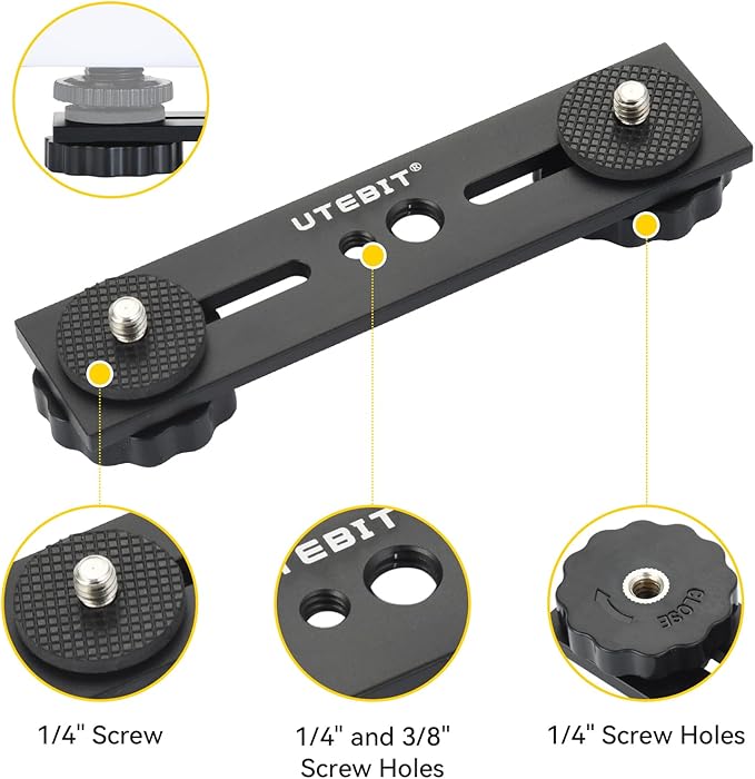 UTEBIT 5 inch Flash Bracket, Long Dual Camera Mount Flash Bracket Extension Bar with 1/4“ Hot Shoe, Straight Flash Brackets 1/4-3/8 Thread Hole Tripod Mount for Camera/LED Light/Microphone