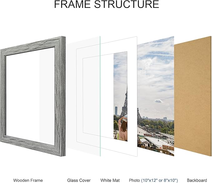 10x12 Picture Frame Set of 4, Made of Real Glass and Grey Frame - Display Picture 8x10 with Mat or 10x12 Without Mat, 10 by 12 Photo for Wall Mounting