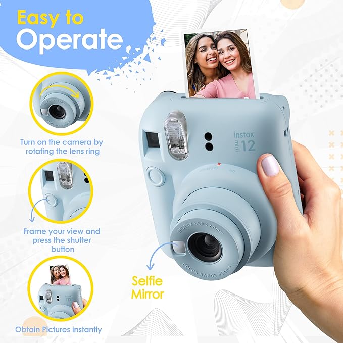 Fujifilm Instax Mini 12 Instant Camera Pastel Blue and Fuji Film Value Pack (60 Sheets) Bundle with Sturdy Tiger Accessories, Carrying Case, Photo Album 64 Pockets