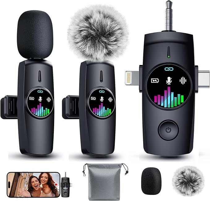 Wireless Lavalier Microphone for iPhone 3-in-1 Mini Mic with 20H Battery & 80ft Range - DSP Noise Cancellation, Smart Modes for Content Creators Live Streaming