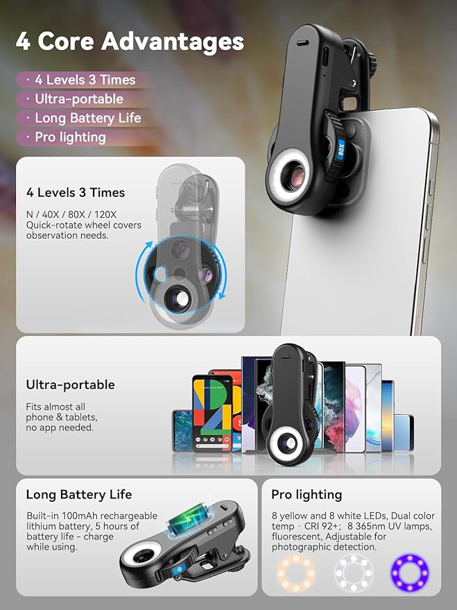 MIAO LAB Phone Microscope, 40x/80x/120x 3-in-1 Switchable Magnification Portable Microscope with LED UV Light CPL Lens for iPhone & Android Phone Zoom Lens Attachment for Plants/Coins/Jewelry