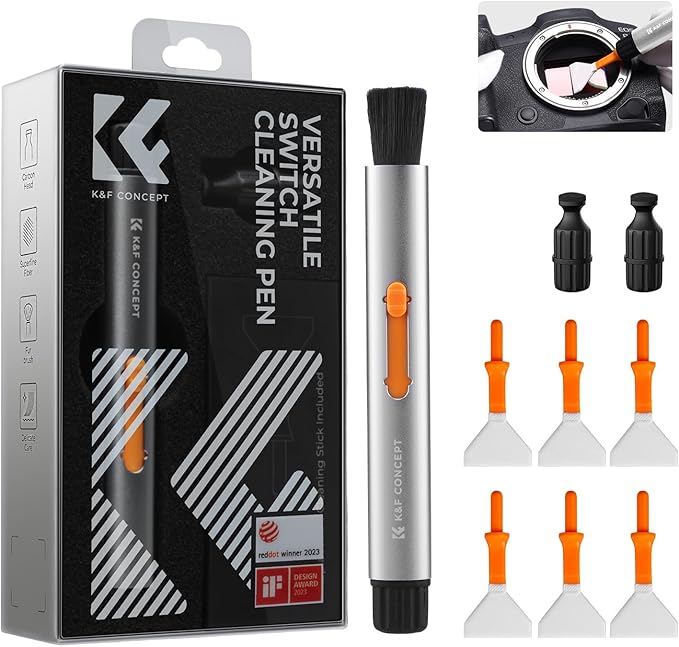 K&F Concept® Versatile Switch Lens Cleaning Pen, Replaceable Pen Tip with Cleaning Brush+Carbon Tip*2+24mm Full-Frame Cleaning Swab*6 for Camera Filters Screen Phone Computer Tablet AR VR Glasses