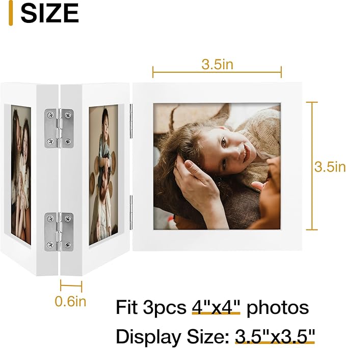 decorUhome Triple 4x4 Picture Frame Vertical, Engineered Wood Trifold Photo Frame with Plexiglass for Tabletop Display, 4x4, White