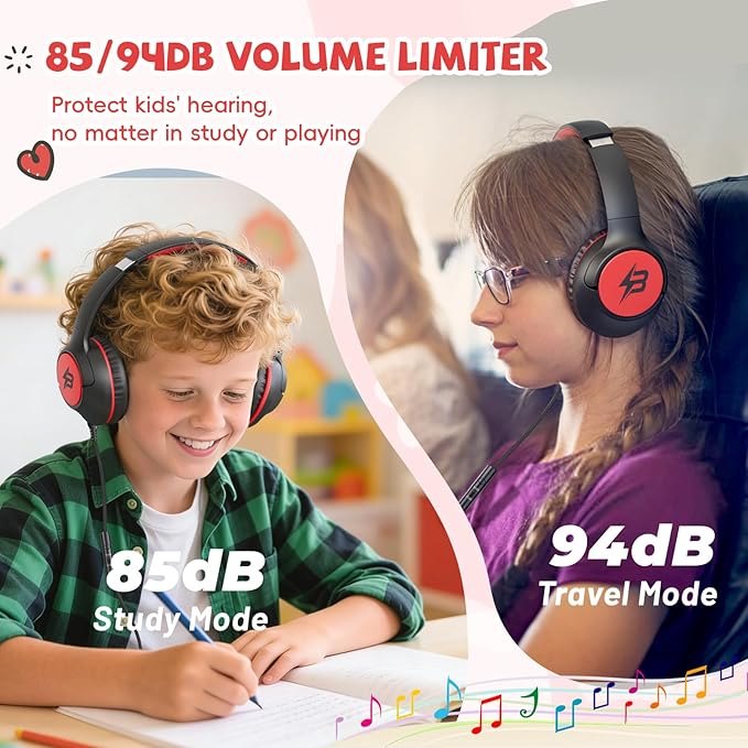 Kids Headphones Wired with USB C Plug, 85/94 dB Volume Limit, USB Type C Headphones for Kids Boys Girls, Foldable Stereo Sound Over Ear Wired Headphones for School/Tablet/Travel, Black Red