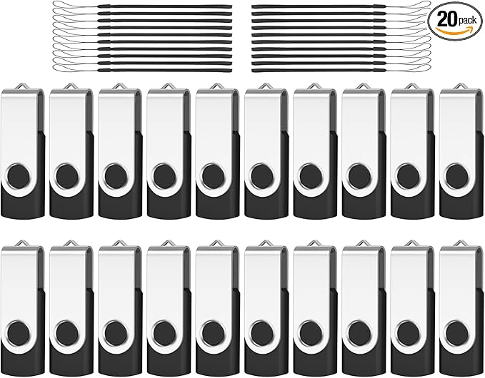 AreTop 20-Pack Flash Drive 1GB Bulk Thumb Drives USB 2.0 Metal Memory Sticks with Lanyard,Portable Keychain Jump Drive Multipack for Date Storage at Home & The Office Black