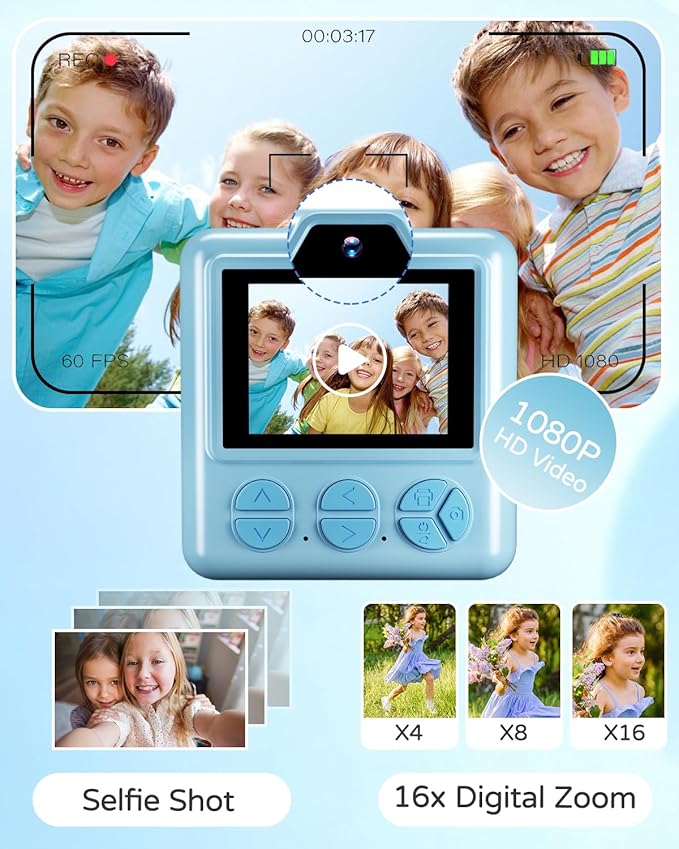 Kids Camera Instant Print, Digital Selfie Cameras with Carry Case & 5-Color Paper, Portable Toddler Toy Christmas Birthday Gifts for 3 4 5 6 7 8 9 10 11 12 Year Old Boys Girls - Blue