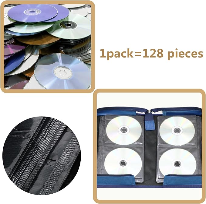 DVD Case CD Storage,128 Capacity CD Cases Holder DVD Storage Case Holders CD DVD Disc Case Storage Wallet Binder for Car Home Office Travel (128 Blue)