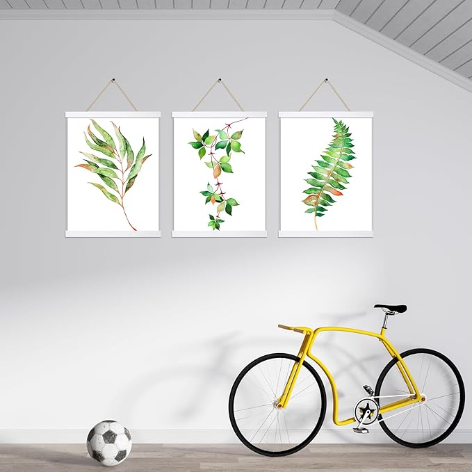 YK artwood 3 Pack Magnetic Poster Hanger Frame White, 8x10 8x12 8x16 Poster Frame Wood Wooden Magnet Print Posters Dowel Scroll Hanger Hangers Hanging Kit for Walls Map Canvas Artwork