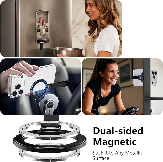 Dual-Side Magnetic Ring Holder with Silicone Strap,for MagSafe Magnet, 360 Rotation Adjustable Kickstand for iPhone 17/16/15/14/13/12 Air/Pro/Pro Max, Pixel 10,Galaxy S25 S24 (H-01 Black)