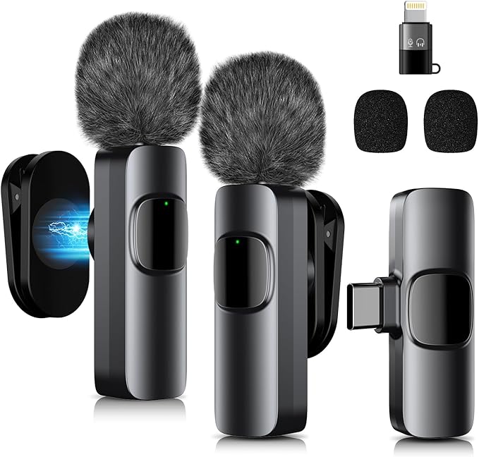 Wireless Lavalier Microphone with Magnetic Clip, Mini Mic for iPhone Android, Active Noise Cancellation, Clip-on Microphone for TikTok, YouTube, Video Vlog, Interviews, Live Streaming