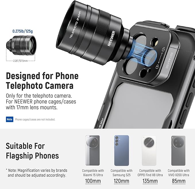 NEEWER 2X Converter for Phone Camera Telephoto Lens Only, 240mm Teleconverter 7 Elements in 5 Groups, 17mm Thread Compatible with NEEWER Phone Cage iPhone Android Samsung Xiaomi, LS-79