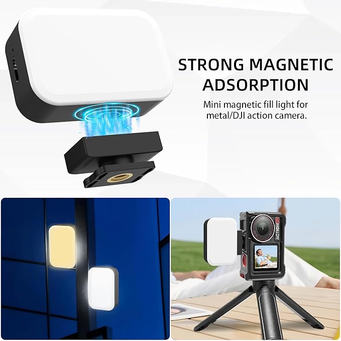 Magnetic LED Selfie Light Compatible for DJI Osmo Pocket 3, Magnetic Mini Fill Light with Cold Shoe Mount Adapter, 3 Color Temperatures, Brightness Adjustable, Rechargeable