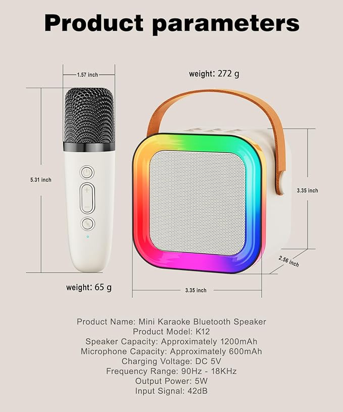 Mini Karaoke Machine Speaker for Kids Adults,Portable Bluetooth with 2 Wireless Microphones,Christmas Birthday Gifts Toys Girls Boys Ages 4, 5, 6,7, 8,9,10,11,12+ Years Old Toddler (Off-White - 2 Mic)