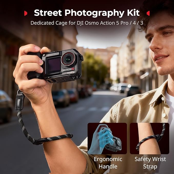 SmallRig Handle Grip Kit for DJI Osmo Action 5 Pro / 4/3 with Cage, Street Photography Grip for DJI, Quick Release, Shutter Button, Cold Shoe, Wrist Strap, 1/4 Threaded Hole for Tripod Selfie Stick