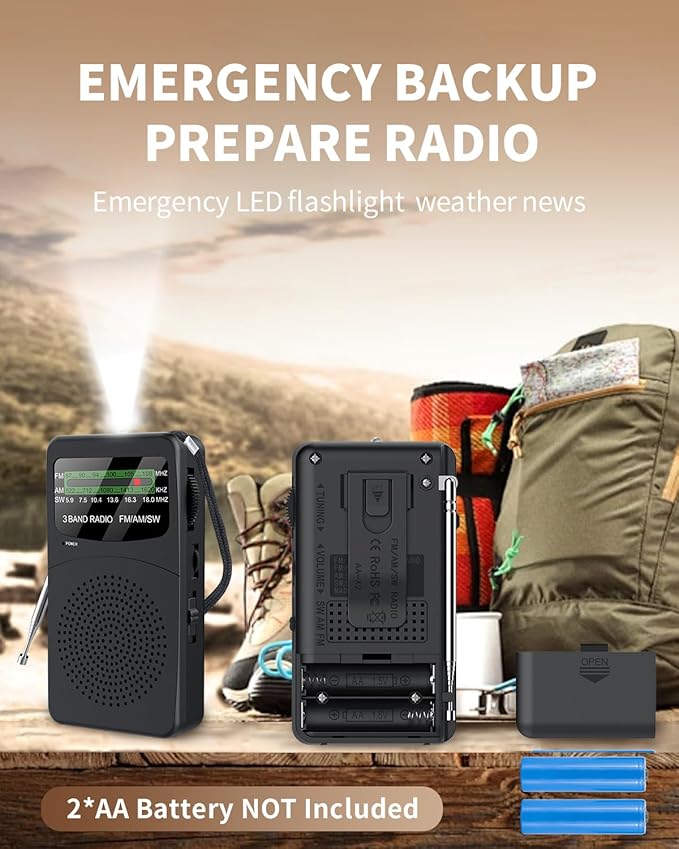 FM AM SW Back Clip Pocket Radio, Battery Operated Mini Radios, Portable Shortwave Transistor Radio with Emergency LED Flashlight & Headphone Jack for Elder/Kids