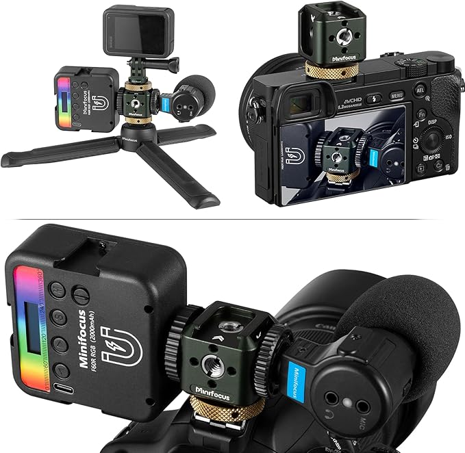 MINIFOCUS Camera Hot Shoe Extension Bracket with Quadruple Cold Shoe Mounts Adapter for Microphone LED Video Light, Aluminum Shoe Mount Holder with 1/4''&3/8'' Thread Hole and Arri-locating Hole