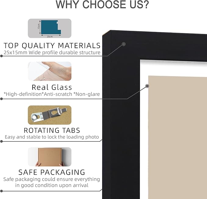 4x6 Picture Frame Set of 4, Made of Real Glass and Black Wooden Frame, 4 by 6 Photo for Wall or Tabletop - Display Picture 3.5x5 with Mat or 4x6 Without Mat