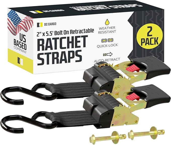 DC Cargo Mall Bolt-on Auto Retractable Ratchet Straps (2-Pack) 2” x 5.5ft, Super Heavy Duty, 4,033lb Break Strength – Tie Down Straps for Boat, Jet Ski, RZR, ATV