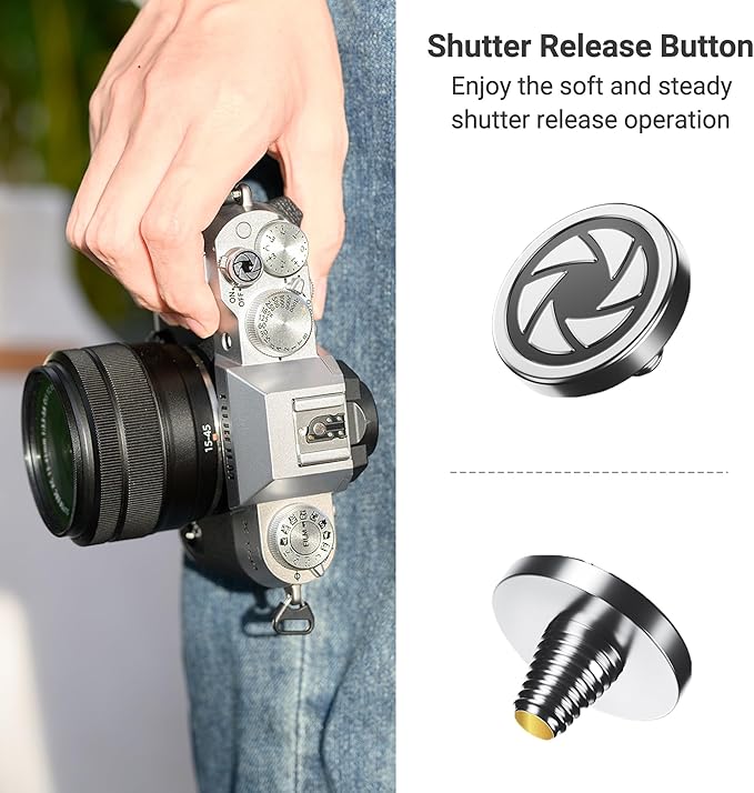 JJC Camera Soft Release Button, Shutter Button for Fuji Fujifilm X-M5 X-T5 X-T4 X-T50 X-T30 III II X00VI X100V X-E5 X-E4 X Half Leica Q3 M10 Sony RX10 IV RX10 III Nikon Zf Df, Silver Aperture Pattern