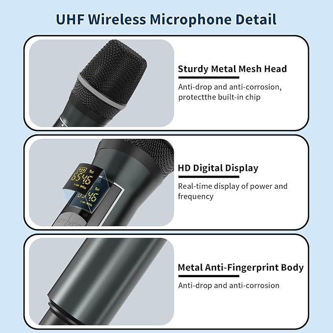 Wireless Microphones, Professional UHF Dual Microphones for Karaoke, Wireless Dynamic Microphone System Set with Rechargeable Receiver,Plug and Play, Speech, Wedding, Church, PA System