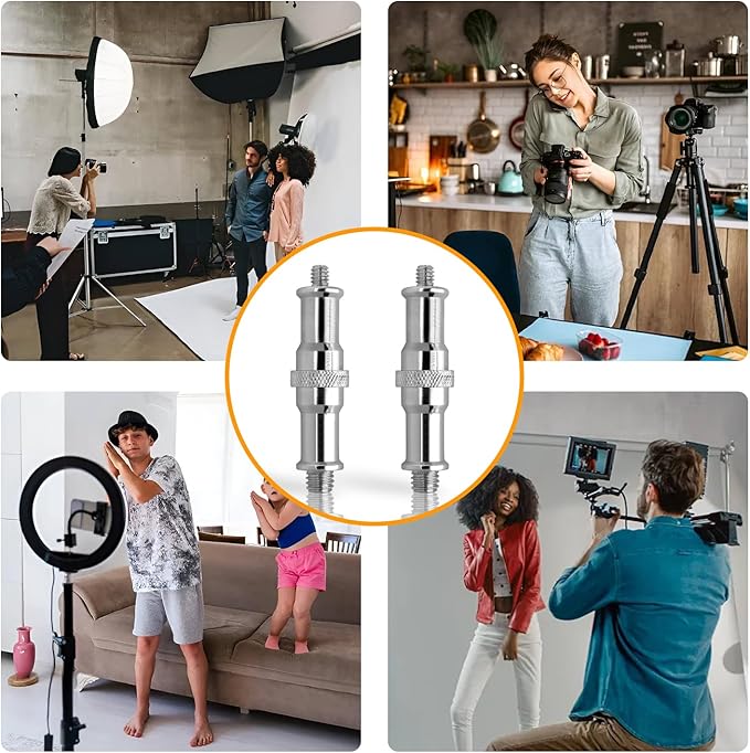 2 Pcs Light Stand Adapter, Spigot Stud 1/4" to 3/8" Metal Male Convertor Threaded Screw Adapter for Studio Light Stand, Camera Tripod Mount, Hotshoe/Coldshoe, Ballhead Frgyee