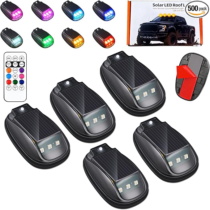 Solar Car Roof RGB Strobe Light with Remote Control Cab Signal Lam, No Drill Solar Cab Lights, 8 Colors LED Strobe Lights, Waterproof Solar LED Roof Lamp for Trucks Cars, SUVs, RVs (5pcs)
