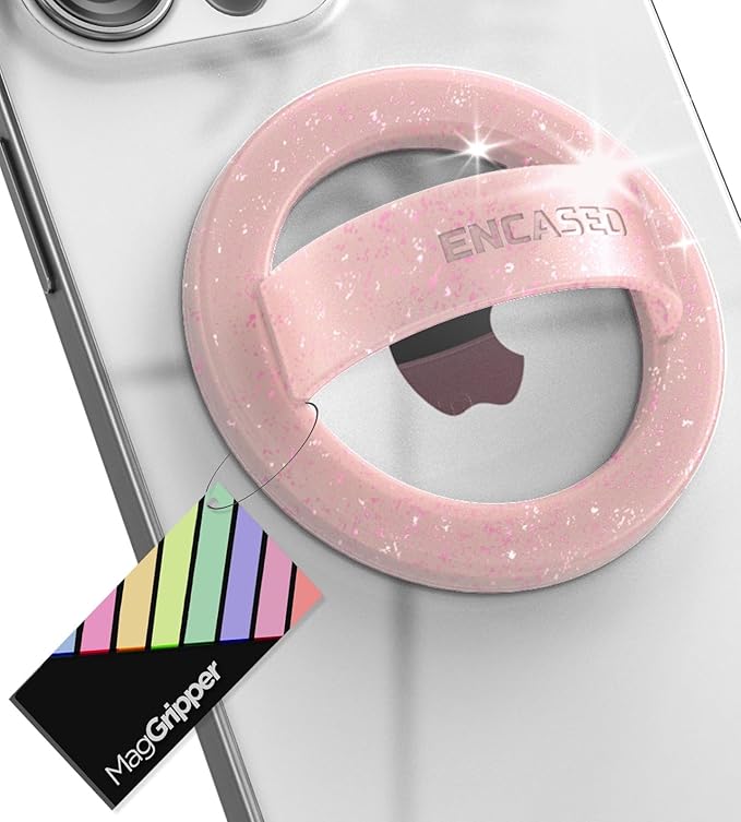 Encased Magnetic Phone Grip Holder (Compatible with MagSafe) Thin Silicone Finger Loop Ring for iPhone (Pink Glitter)