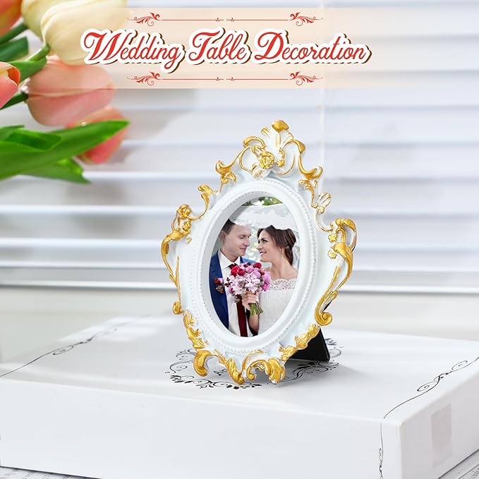 Maitys 5 Pcs Mini Picture Vintage Frames with Stands Tiny Antique Photo Baroque Ornate Resin Oval Frame Table Top Display Home Wedding Decor (White Gold)