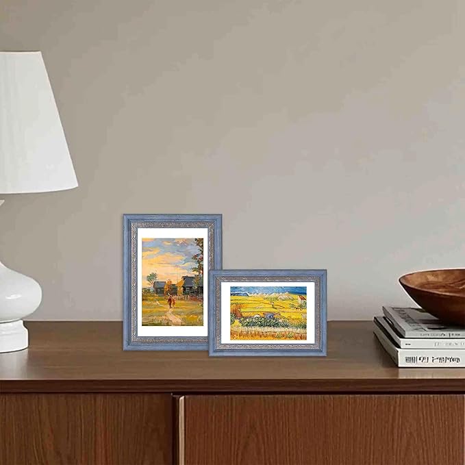 VIOLABBEY 4x6 Picture Frame Blue Gold, Display 3.5x5 Photo with Mat or 4x6 without Mat, Ornate Vintage 4 x 6 Frame for Wall Decor or Tabletop Display, Blue Gold