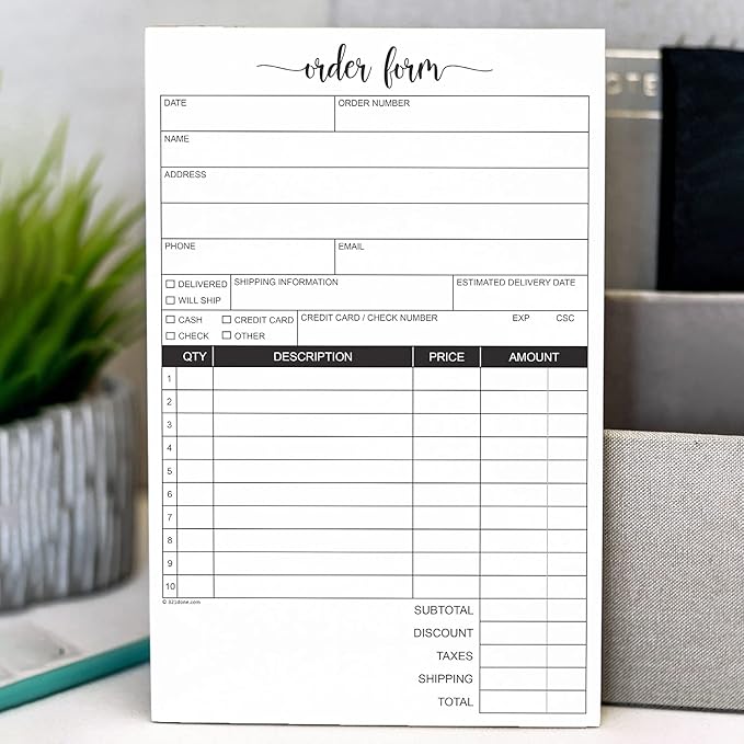 321Done Order Form Pad, 5.5x8.5 Portrait 2-Part Carbonless, Made in USA, Carbon Copy Purchase Sales Receipt Book Cute Small Size for Business Invoice (50 Sets) White/Yellow, Premium Paper
