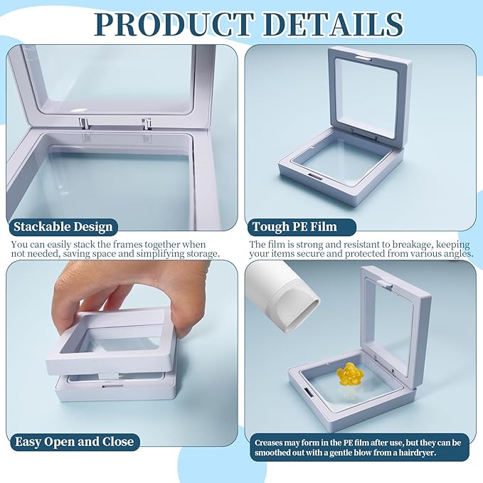 64 Pcs Floating Frame 3D Transparent Plastic Display Stand with Clear PE Film for Coin Jewelry Medallion Shells Small Collectibles Display Case