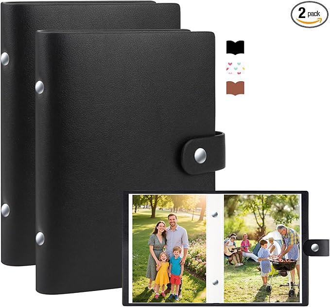 2 Pack Small Photo Album 5x7 Holds 52 Pictures Leather Cover 5 x 7 Album Mini Picture Book Acid Free Inner Pages Portable Albums Book for Wedding Family Boys Girls Art Work(Black)