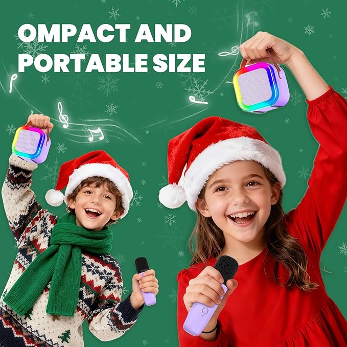 【2025 Newest】 Mini Karaoke Machine for Kids Girls & Boys - Portable Bluetooth Speaker with 2 Wireless Microphones - Kids Birthday Gifts for Ages 4-10 - Kids' Instrument Accessories - Purple