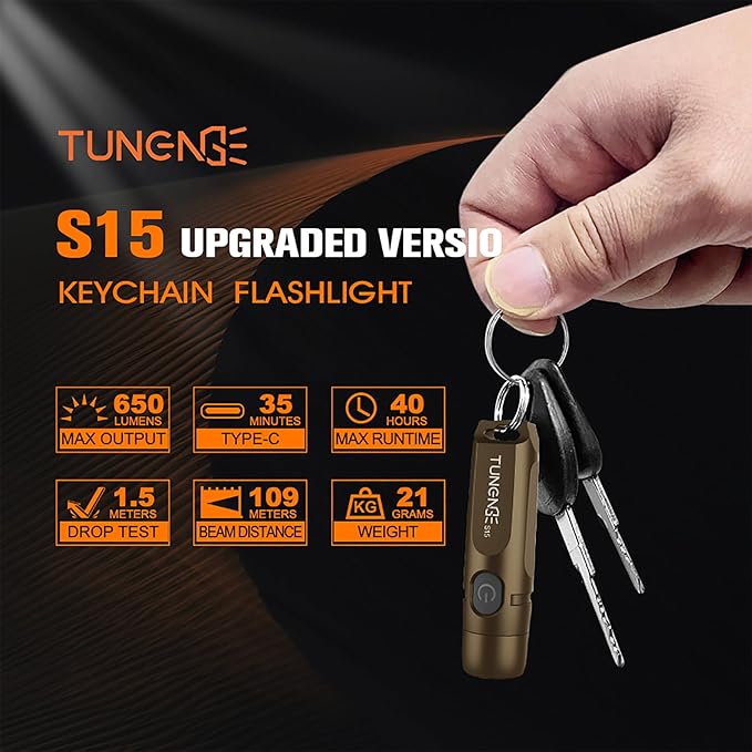 S15 Keychain Flashlight- Super Bright 650 High Lumens,UCB C Rechargeable EDC Pocket Flashlight,Mini Flashlight-Light with Magnetic Suitable for Hiking, Emergency (Brown)