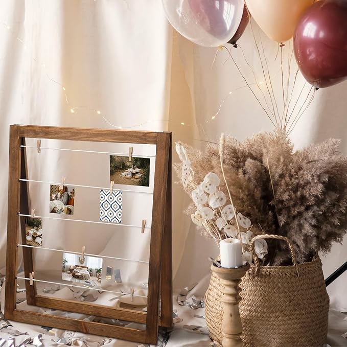 Sintuff Walnut Wood Photo Display Rack with Clips Farmhouse Picture Collage Board Graduation Standing Picture Frame Clothesline Photo Display Stand Decor for Postcard (Flat Edge,29 × 24 Inches)