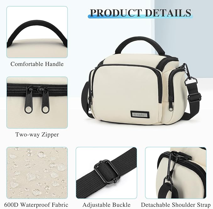 G-raphy Camera Bag Case Compact Lightweight Shoulder Crossbody Sling Photography Bags for Nikon Canon Sony DSLR SLR Mirrorless with Removal Straps (Beige)