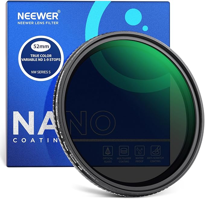 NEEWER 52mm True Colors Variable ND2-ND400 Filter, Hard Stops Adjustable Neutral Density VND Filter with Multi Coated HD Optical Glass/Aluminum Frame/Water Repellent/Scratch Resistant