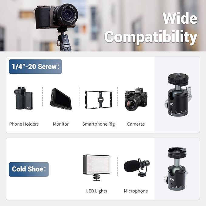 JJC Mini Ball Head, Ballhead Tripod Mount Adapter Converter for Tripod Monopod Camera LED Light Microphone, Cold Shoe Tripod Mount Adapter for Photography, 1/4''-20 to Cold Shoe Mount Adapter