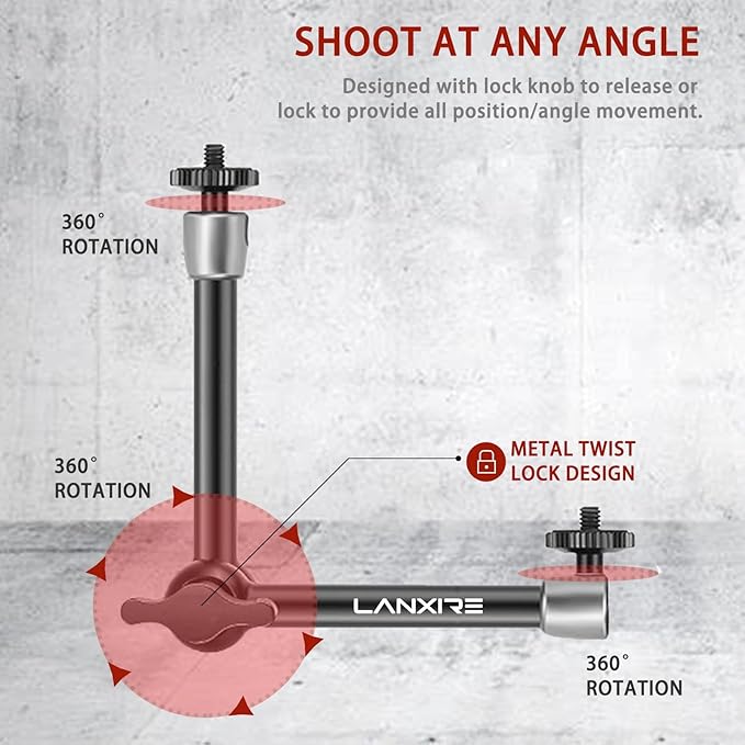 Super Clamp and 11 Inches Adjustable Friction Magic Arm with 1/4’’ Screw and Cold Shoe Adapter - Compatible with Flash, LED Light, Microphone, Monitor - Load Up to 4.4lb/2kg