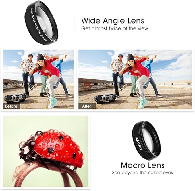 Phone Camera Lens, Professional Attachment Universal Clip on Cell Phone Photography Camera Attachable Mobile Extra 0.45X Wide Angle 12.5X Super Macro Lens Kit for iPhone Android Smartphone